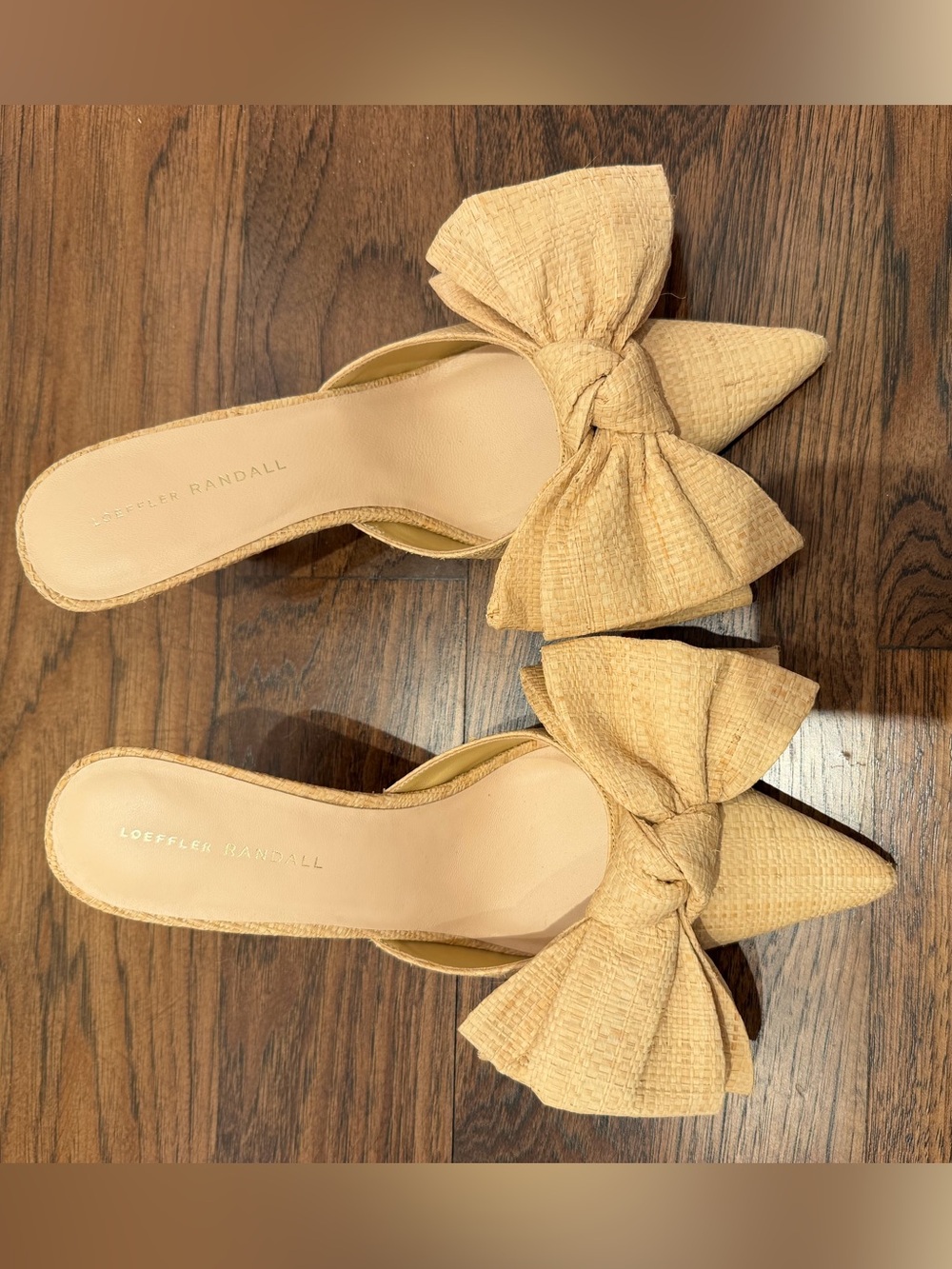 Loeffler Randall Straw-Look Pointed Bow Mules in Light Beige
